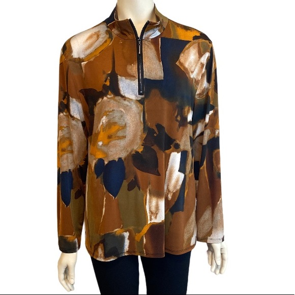 Caribe Tops - CARIBE Brown Black 1/4 Zip Long Sleeve Top 1X NWT